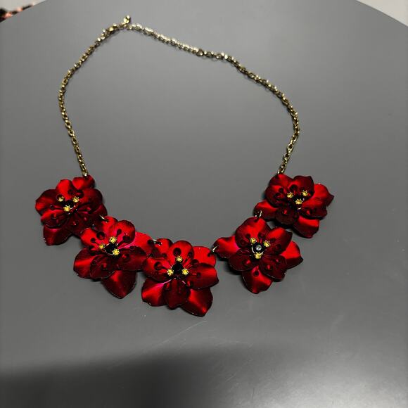 Bold Red Layered Flower Statement Necklace Gold Chain | Glam Floral Jewelry - Picture 12 of 13
